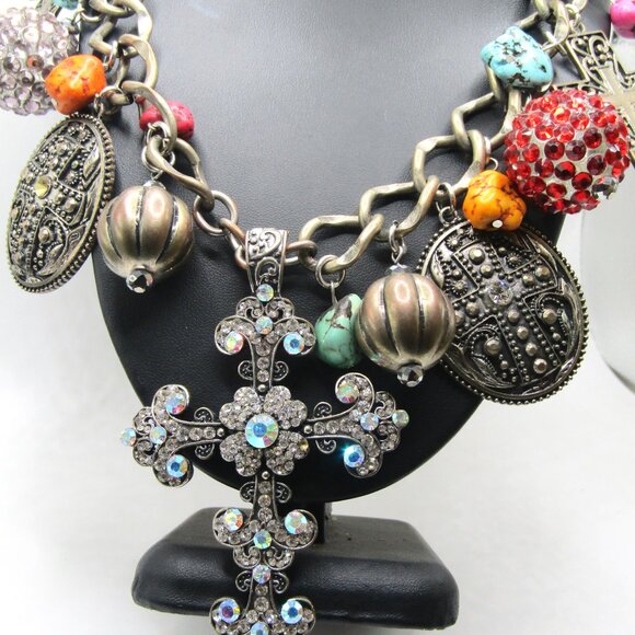 Gothic Charm Necklace Cross Turquoise Stones - Picture 4 of 4